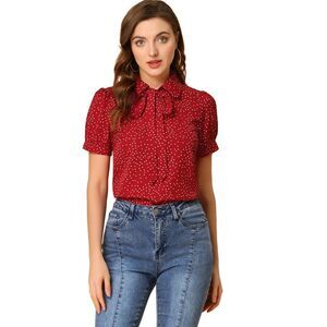 Dots Blouses Bow Tie Peter Pan Collar Chiffon Blouse Red